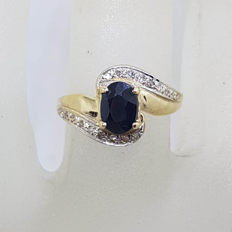 9ct Yellow Gold Natural Oval Sapphire with Diamonds Swirl Ring