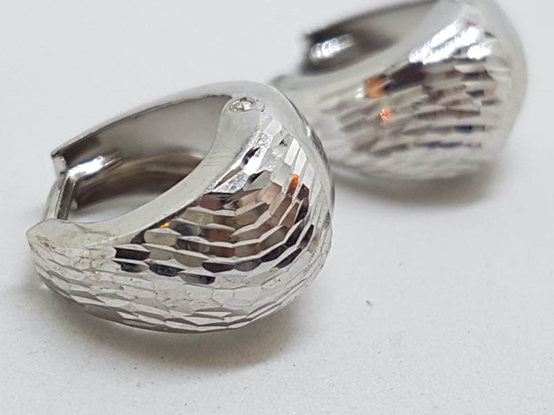 10ct White Gold Wide Hoop / Huggie Earrings with Motif / Pattern