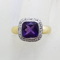 9ct Yellow Gold Square Amethyst with Diamond Surround Cluster Ring