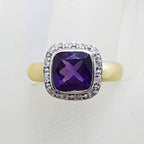 9ct Yellow Gold Square Amethyst with Diamond Surround Cluster Ring
