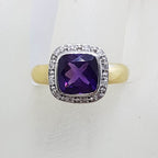 9ct Yellow Gold Square Amethyst with Diamond Surround Cluster Ring