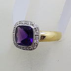 9ct Yellow Gold Square Amethyst with Diamond Surround Cluster Ring