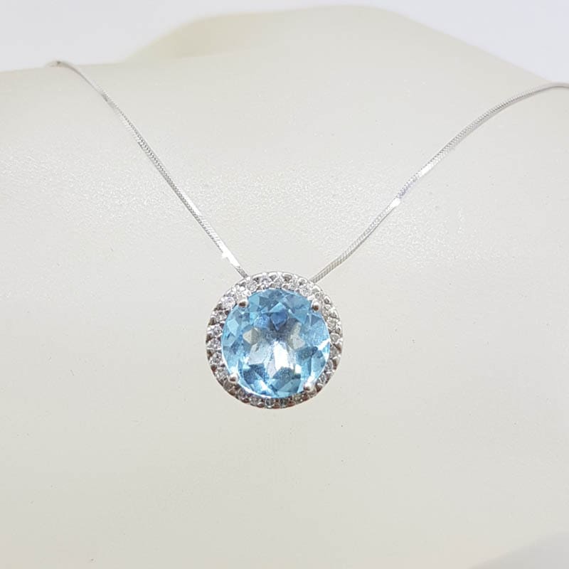 10ct White Gold Oval Blue Topaz with Halo Setting Diamonds Pendant on Gold Chain