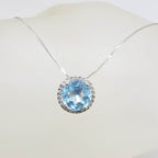 10ct White Gold Oval Blue Topaz with Halo Setting Diamonds Pendant on Gold Chain