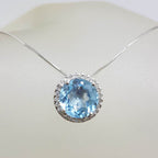 10ct White Gold Oval Blue Topaz with Halo Setting Diamonds Pendant on Gold Chain