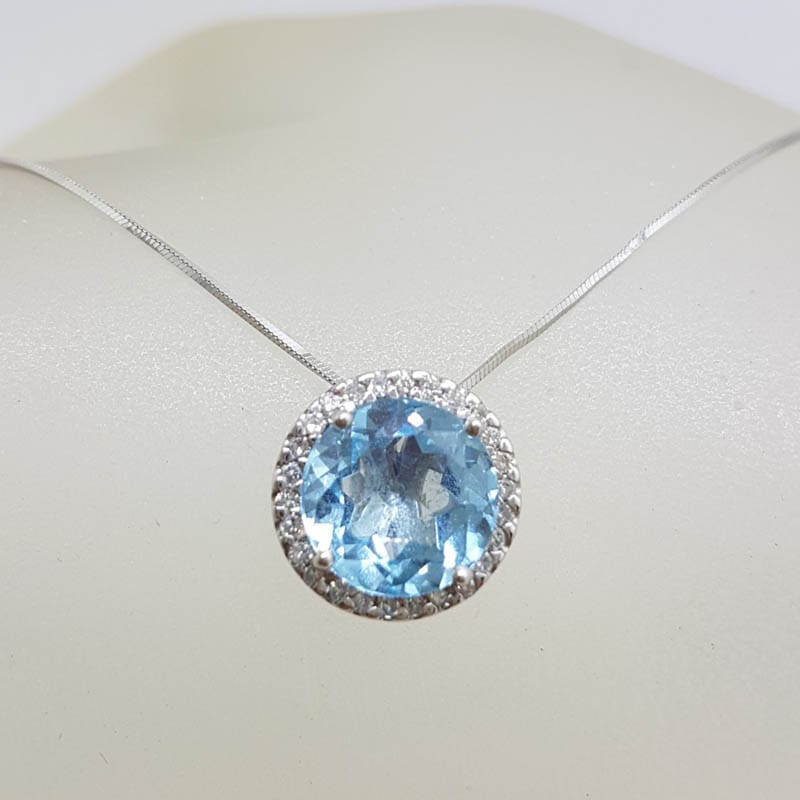 10ct White Gold Oval Blue Topaz with Halo Setting Diamonds Pendant on Gold Chain