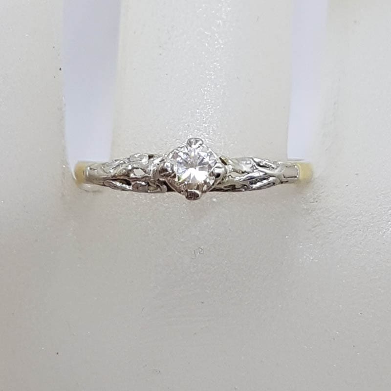 18ct Yellow Gold Ornate Diamond Solitaire Engagement Ring / Dress Ring - Antique / Vintage