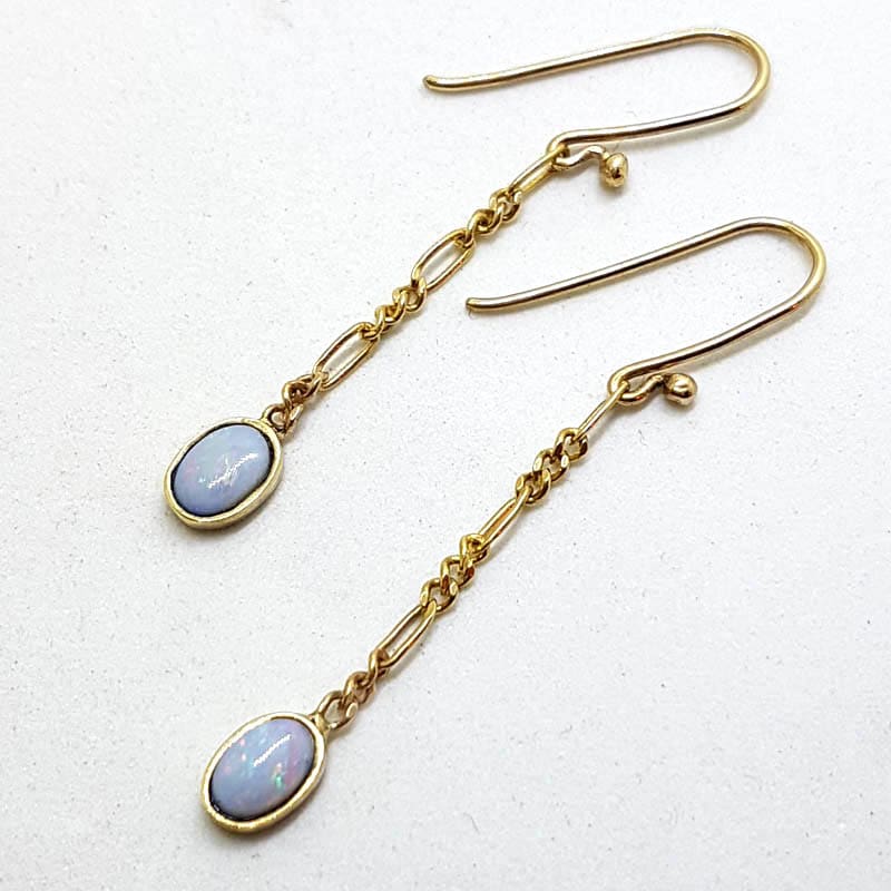 9ct Yellow Gold Oval Opal on Figaro Link Chain Long Drop Earrings - Handmade