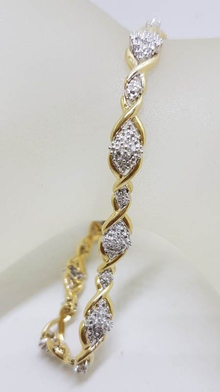 9ct Yellow Gold Diamond Marquis Shape Clusters Ornate Twist Bracelet