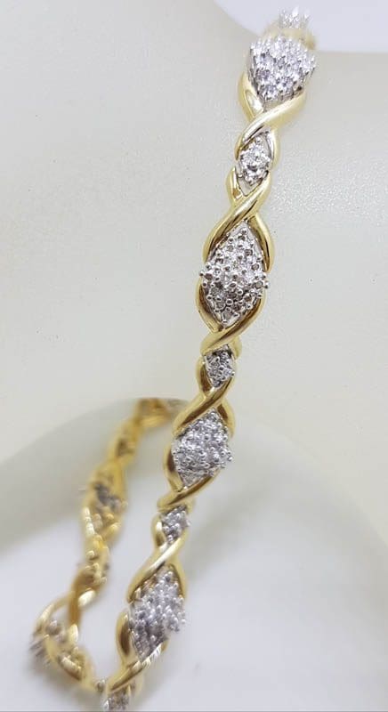 9ct Yellow Gold Diamond Marquis Shape Clusters Ornate Twist Bracelet