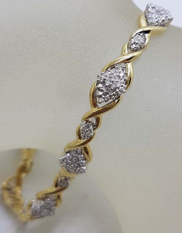 9ct Yellow Gold Diamond Marquis Shape Clusters Ornate Twist Bracelet