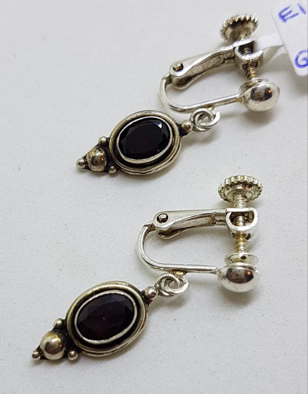 Sterling Silver Oval Garnet Clip-On / Screw-On Drop Earrings - Vintage
