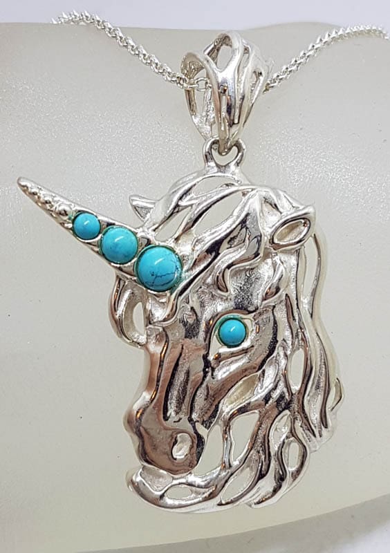 Sterling Silver Turquoise Unicorn Large Pendant on Silver Chain