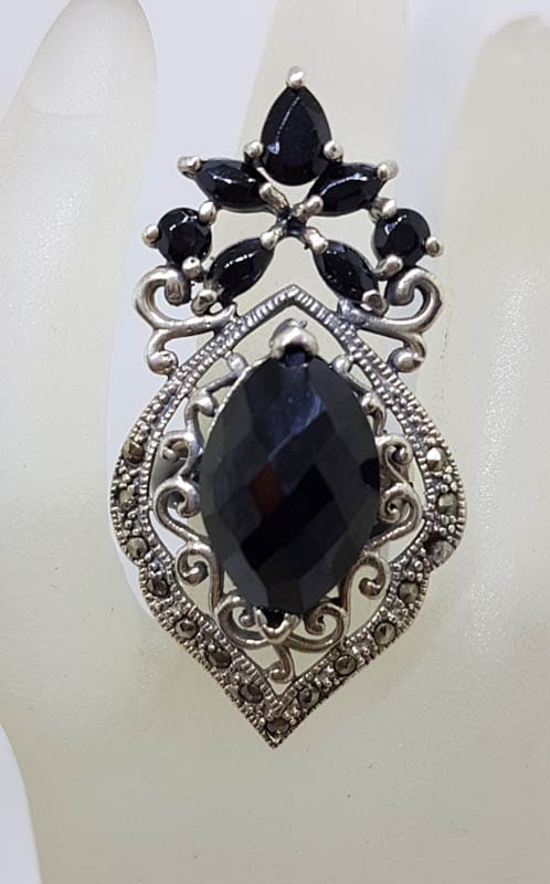 Sterling Silver Very Large Ornate Filigree Marcasite and Black Ornate Ring