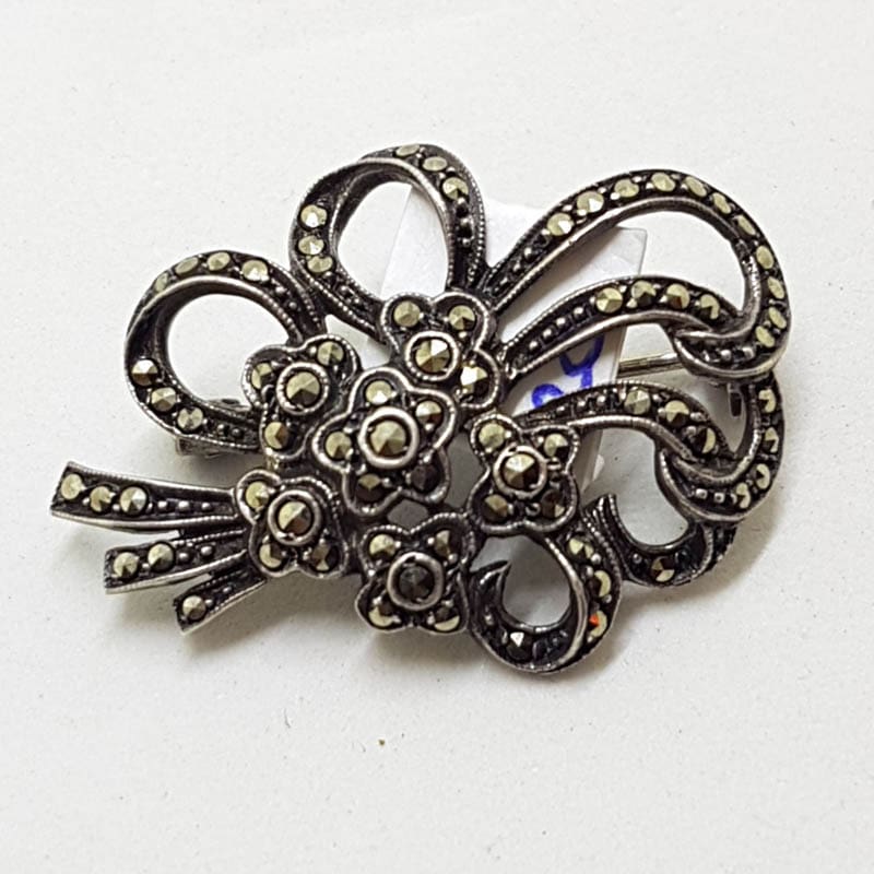 Sterling Silver Marcasite Floral Bow Brooch - Vintage