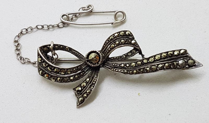 Sterling Silver Marcasite Bow Brooch - Vintage