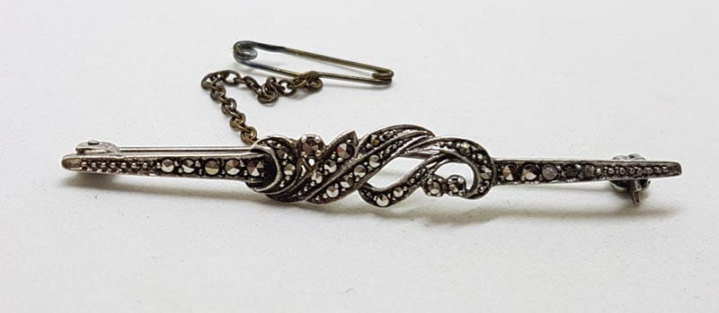 Sterling Silver Marcasite Long Bar with Ornate Twist Brooch - Vintage