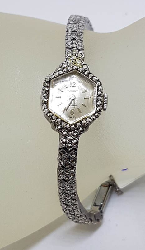 Sterling Silver Marcasite Hexagonal Shaped Watch - Vintage