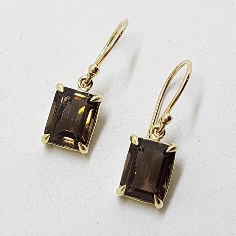 9ct Yellow Gold Rectangular Claw Set Smokey Quartz Drop Earrings