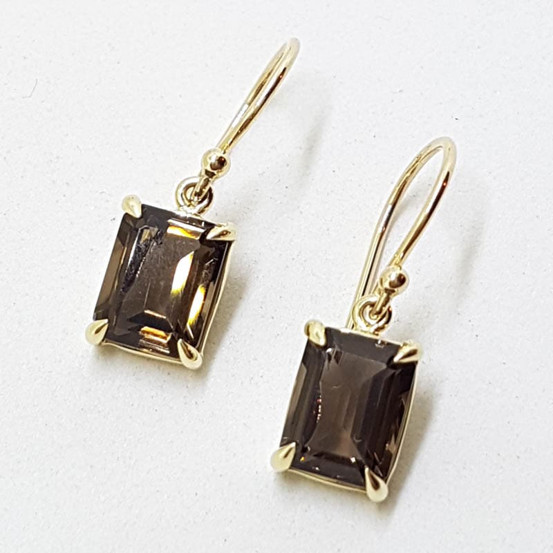 9ct Yellow Gold Rectangular Claw Set Smokey Quartz Drop Earrings