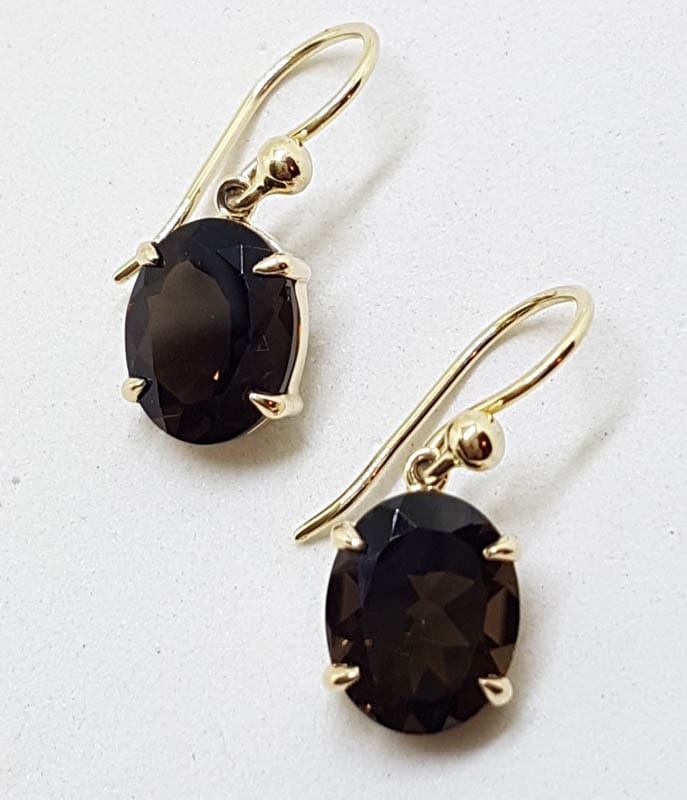 9ct Yellow Gold Oval Claw Set Smokey Quartz Drop Earrings