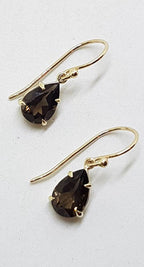 9ct Yellow Gold Teardrop / Pear Shape Claw Set Smokey Quartz Drop Earrings