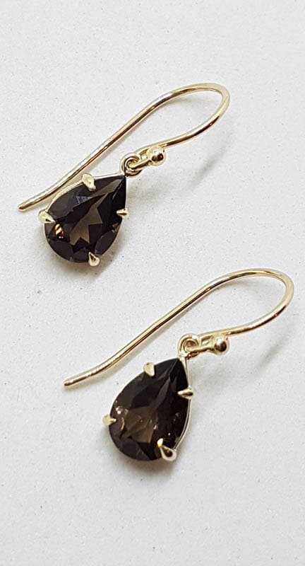 9ct Yellow Gold Teardrop / Pear Shape Claw Set Smokey Quartz Drop Earrings