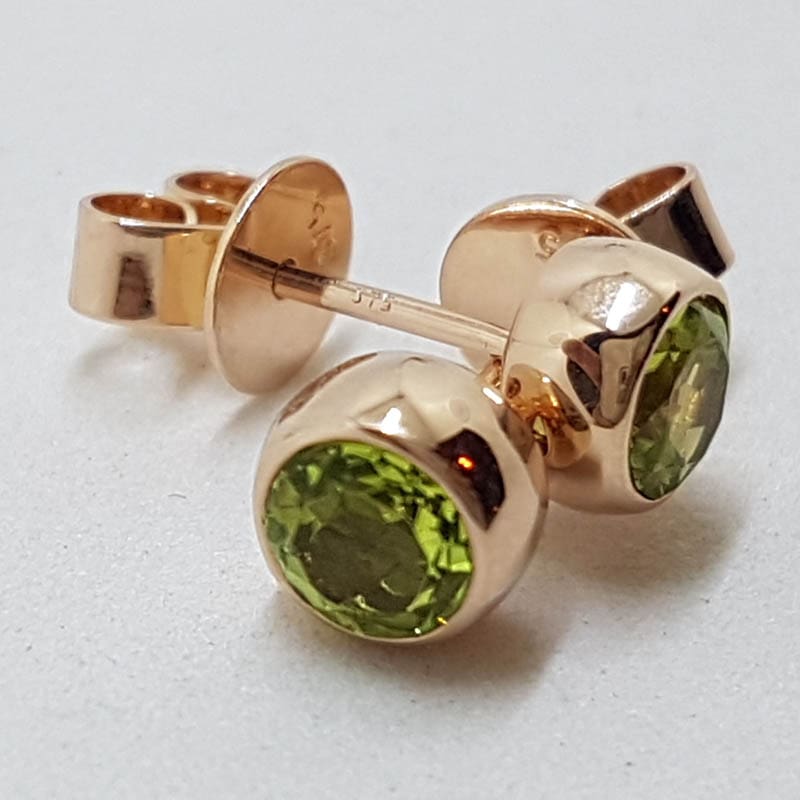 9ct Rose Gold Round Bezel Set Peridot Studs / Earrings