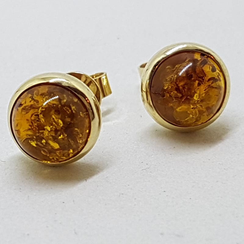 9ct Yellow Gold Round Bezel Set Natural Baltic Amber Stud Earrings