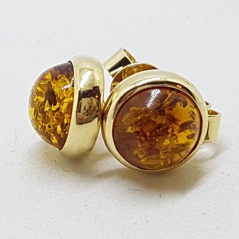 9ct Yellow Gold Round Bezel Set Natural Baltic Amber Stud Earrings