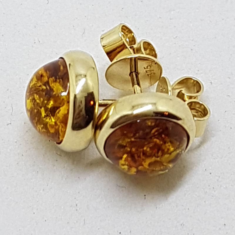 9ct Yellow Gold Round Bezel Set Natural Baltic Amber Stud Earrings