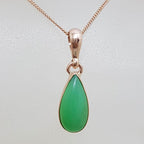 9ct Rose Gold Teardrop / Pear Shaped Bezel Set Chrysoprase - Australian Jade - Pendant on Gold Chain