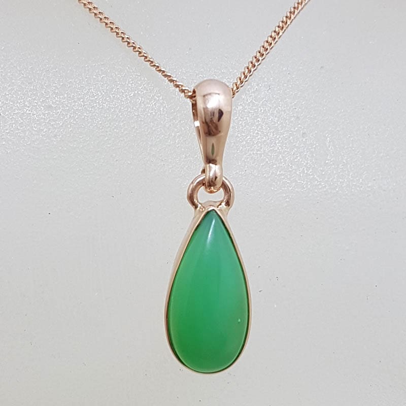 9ct Rose Gold Teardrop / Pear Shaped Bezel Set Chrysoprase - Australian Jade - Pendant on Gold Chain