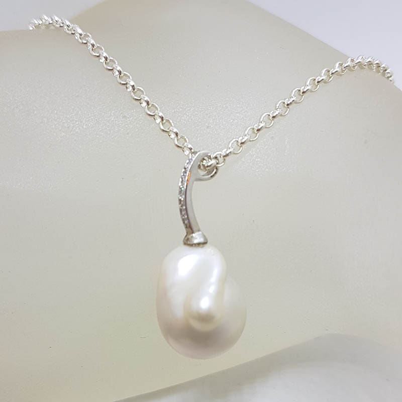 Sterling Silver Baroque Pearl with Cubic Zirconia Drop Pendant on Silver Chain