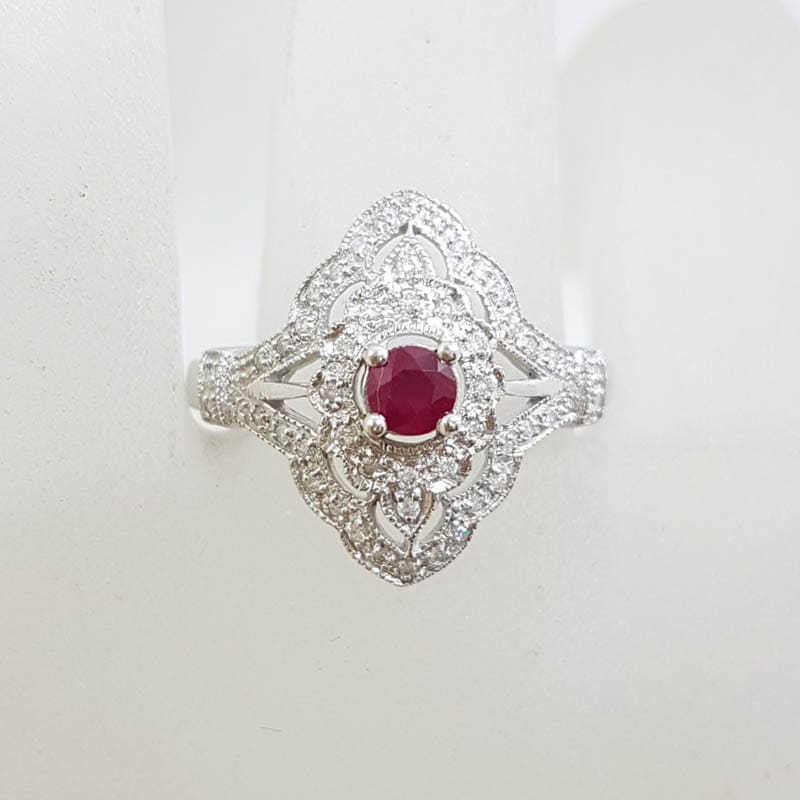 9ct White Gold Natural Ruby & Diamond Large Ornate Cluster Ring