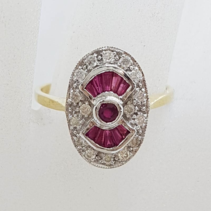 9ct Yellow Gold Natural Ruby and Diamond Ring - Oval - Art Deco Style