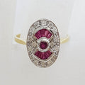9ct Yellow Gold Natural Ruby and Diamond Ring - Oval - Art Deco Style