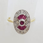 9ct Yellow Gold Natural Ruby and Diamond Ring - Oval - Art Deco Style