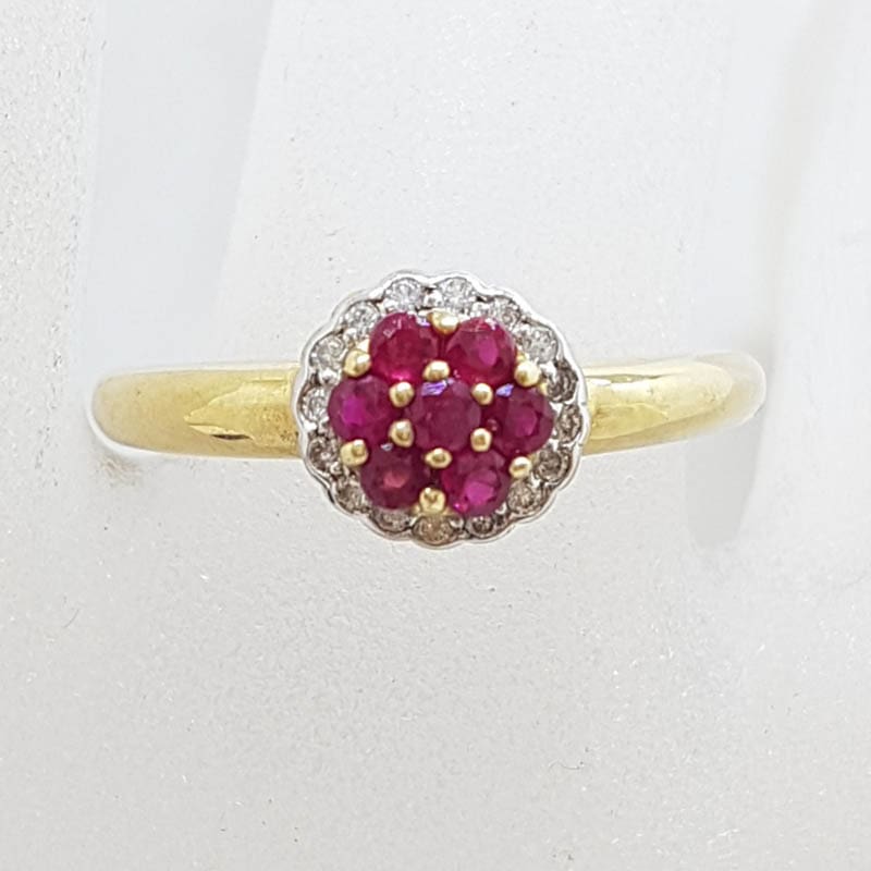 9ct Yellow Gold Natural Ruby &amp; Diamond Round Cluster "Cupcake" Ring