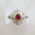 9ct Yellow Gold Natural Ruby &amp; Diamond Large Ornate Cluster Art Deco Style Ring