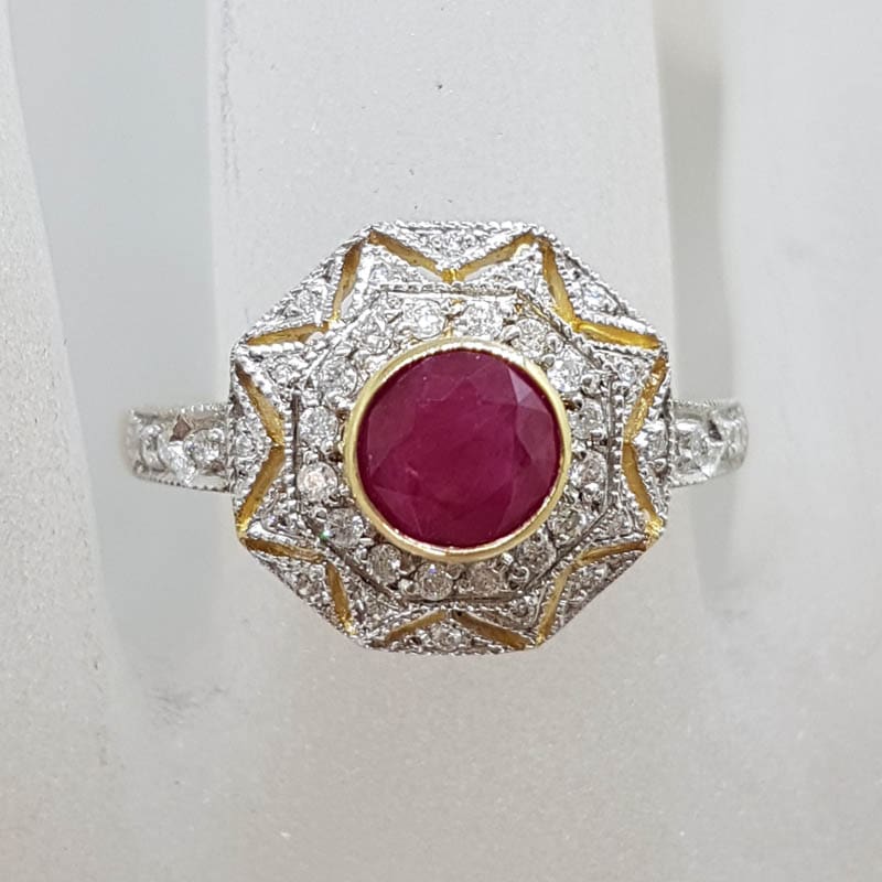 9ct Yellow Gold and White Gold Natural Ruby &amp; Diamond Large Ornate Patterned Cluster Ring
