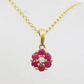 9ct Yellow Gold Natural Ruby &amp; Diamond Daisy Flower Cluster Pendant on Gold Chain