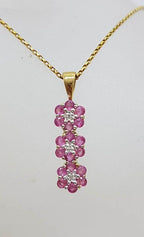 9ct Yellow Gold Natural Ruby &amp; Diamond Long Three Daisy Flower Cluster Pendant on Gold Chain