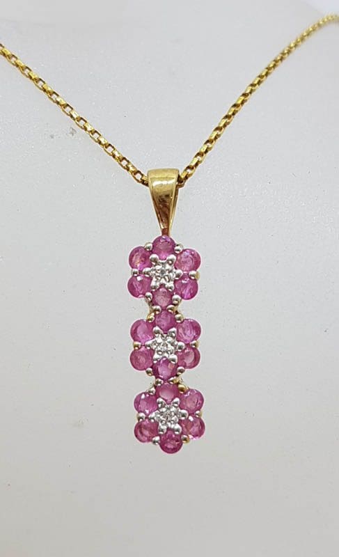9ct Yellow Gold Natural Ruby &amp; Diamond Long Three Daisy Flower Cluster Pendant on Gold Chain