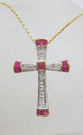 9ct Yellow Gold Natural Ruby &amp; Diamond Cross / Crucifix Pendant on Gold Chain