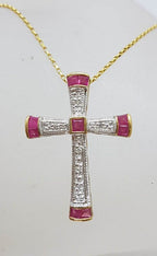 9ct Yellow Gold Natural Ruby &amp; Diamond Cross / Crucifix Pendant on Gold Chain