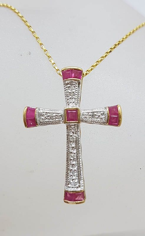 9ct Yellow Gold Natural Ruby &amp; Diamond Cross / Crucifix Pendant on Gold Chain