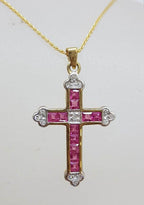 9ct Yellow Gold Natural Ruby and Diamond Cross / Crucifix Pendant on 9ct Gold Chain