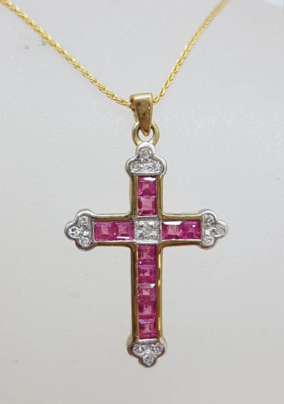 9ct Yellow Gold Natural Ruby and Diamond Cross / Crucifix Pendant on 9ct Gold Chain