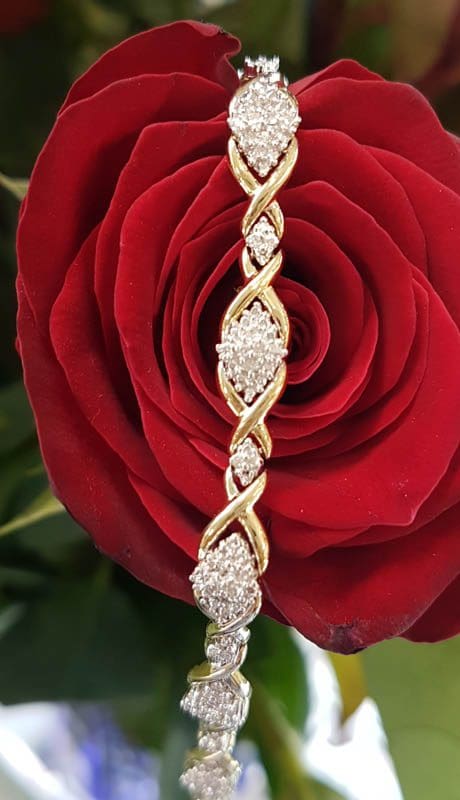 9ct Yellow Gold Diamond Marquis Shape Clusters Ornate Twist Bracelet